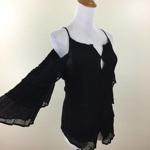 MAEVE Anthropologie Black Crepe Chiffon Cold Shoulder Ruffle Sleeve Button Shirt